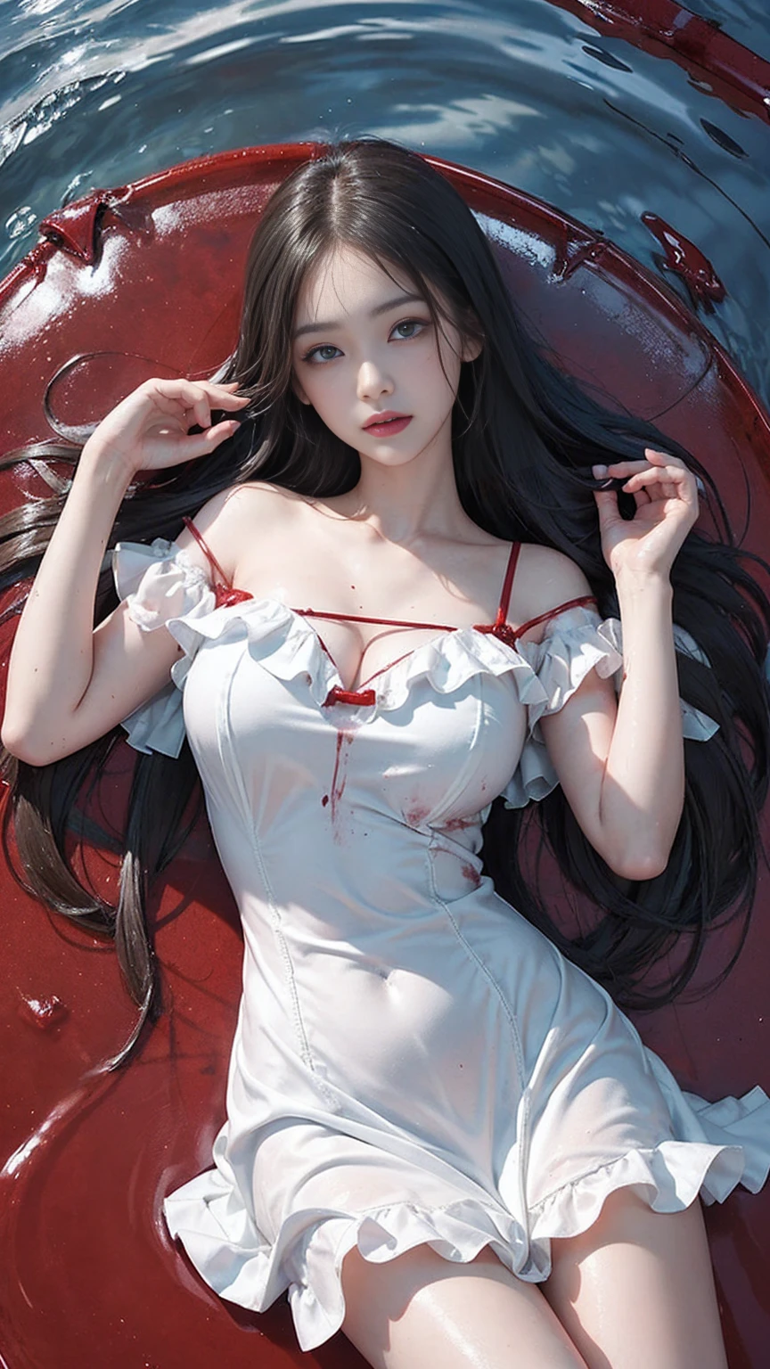 bishoujo,fair_skin,slender,,light_blush,lipstick,smile,afloat,huge filesize,wallpaper,sky,dynamic angle, detailed wet clothes, blank stare, overexplosure, floating, black long straight, red eyes, aqua eyes, gradient eyes, ((blood)), white dress, frills, ((expressionless)), extremely beautiful detailed water, ((lying on the lake)), (bloodred water:1.5), (red background:1.3),