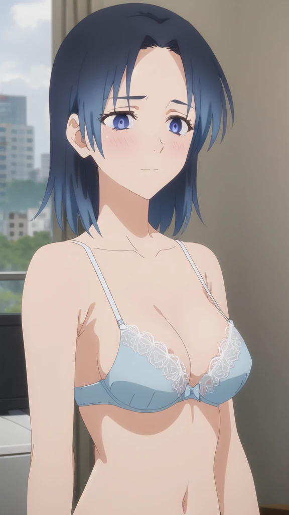 masterpiece, high quality, 8k, Beautiful lighting,sunny day,1girls,Ai Kmiya, {{{{{pov,nsfw:1.9}}}}}, {{{{{(nude)}}}}},,,((medium breasts)),,,(slender body),,squinting,((light blue lace bra)),,,(close up:1.4),blush:0.9,black hair,mediumhair