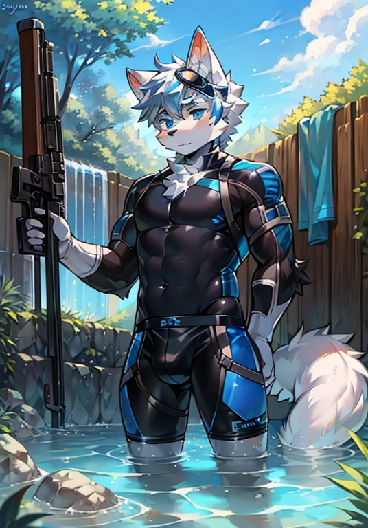 Furry,wolf boy,White fur,crystal blue eyes,Single fluffy tail,greyt hair,short detailed hair,summer day,dive,Wear diving goggles,masculine features,Squat,asshole,bulge,Sexy latex swimsuit,(warrior),Tactical clothing,rifle,Soldier,arms