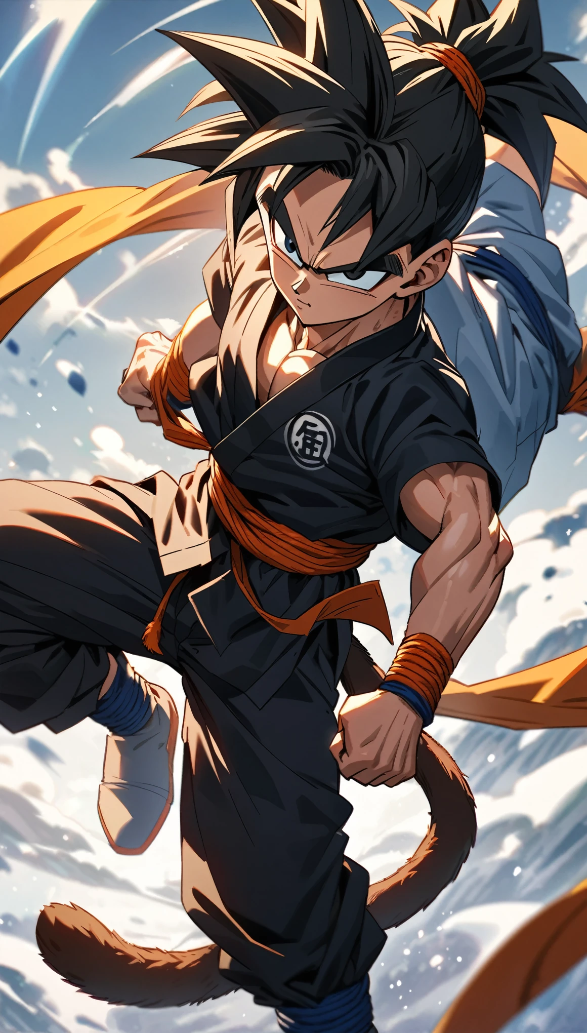 Highest quality, highly detailed, teenage saiyan boy, black hair, spiky hair tied up in a ponytail, spiky bangs, slim yet still defined body, monkey tail, martial arts gi, inspired by dragon ball z