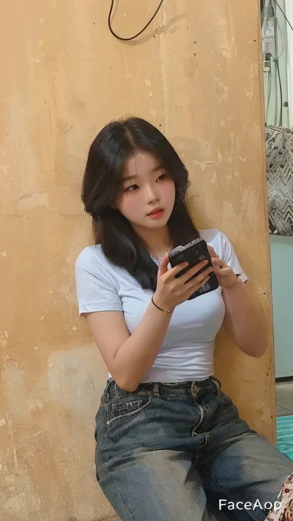 woman sitting on the ground looking at her cell phone, checking her phone, korean girl, a young asian woman, checking her cell phone, with long hair, profile pic, young asian girl, she is holding a smartphone, profile photo, looking distracted, pouting, healthy white skin