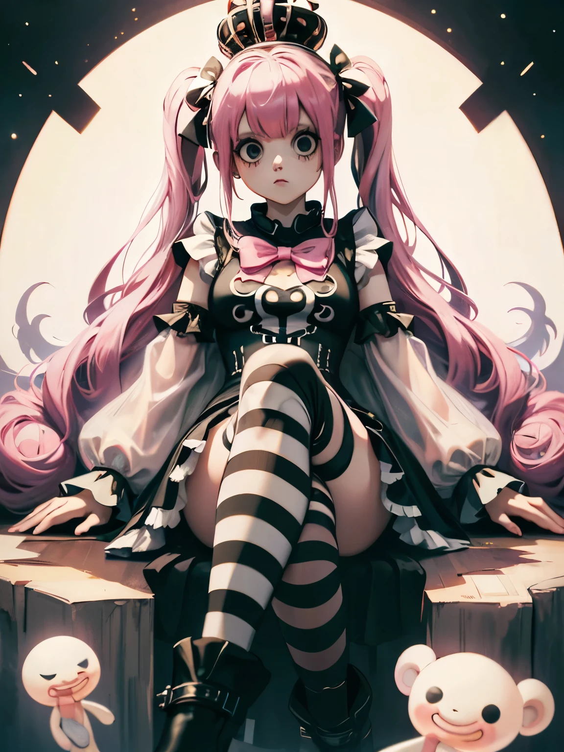 Perona, onepiece, Wearing a crown, Pink twin tails, Long Hair, Have a stuffed bear, Kumasi,  There are white transparent hologhosts floating around., Throne, Sitting on a luxurious throne, Crossing your legs, She is wearing black and white striped knee-high socks., Red long boots, (((masterpiece:1.4))), (highest quality:1.4), (Ultra-high resolution:1.4), (best quality:1.2), (ultra detail:1.3), 16K