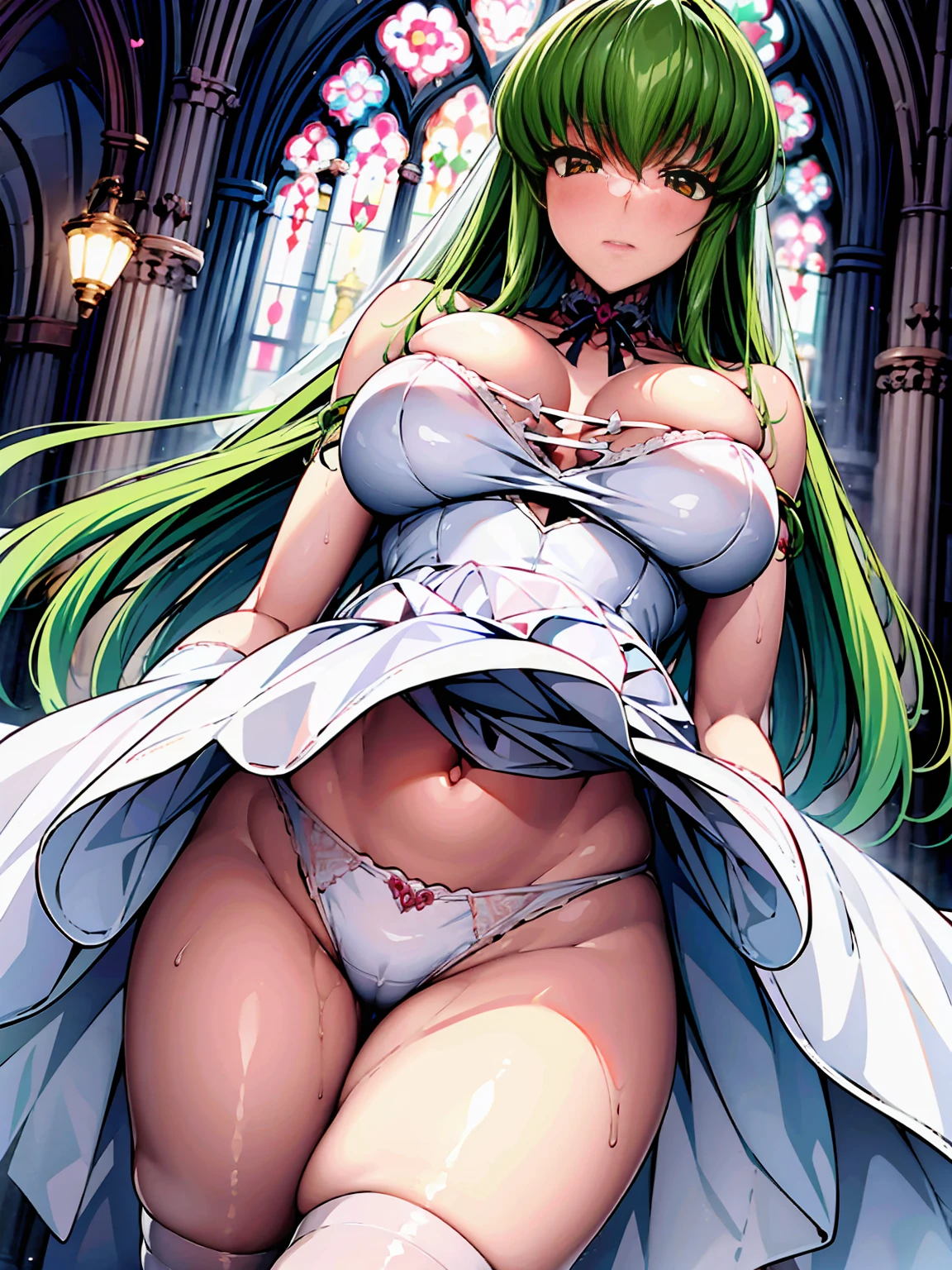c.c.、Code Geass、Green Hair、Wedding dress、church、Stained glass、Cute Woman、Thick thighs、Best image quality、High resolution、masterpiece、super high quality、Spread your legsしゃがむ、orgasm face、Spread your legsしゃがむ、Black patterned panties、Big Ass、Big Breasts 、Blushing、4K quality、Blushing、Proud face、Wearing black knee socks、bed、Spread your legsしゃがむ、Sweaty all over、Heavy breathing、Chest is bobbing up and down、heart、Condescending look、Low - Angle、Zoom in on the crotch、Cowboy Shot, Spread your legs、spread legs