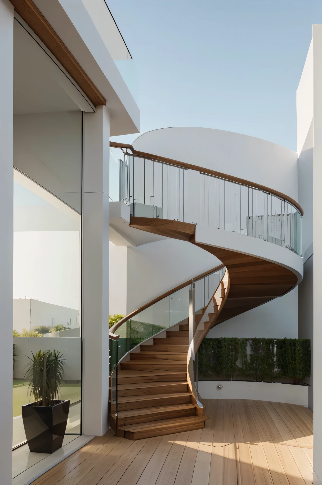 Professional 3d architecture rendering design of modern and minimal villa.the grand, curved staircase is a stunning fashion of glass and wood