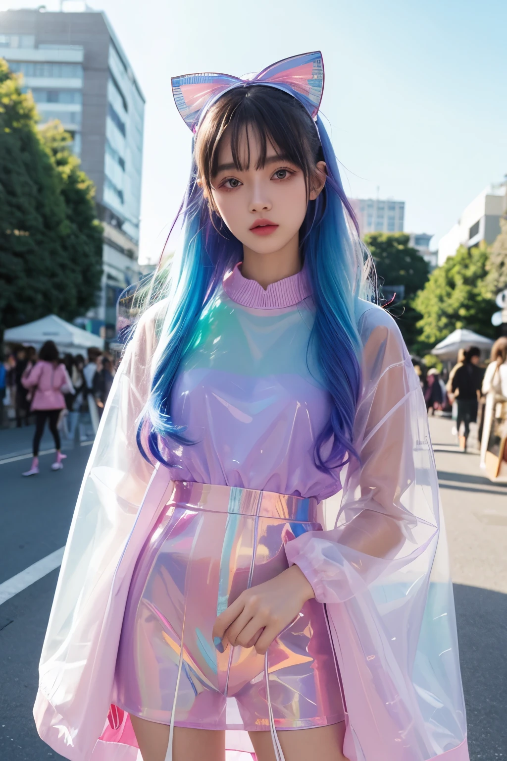 Transparent color PVC clothing、Transparent color vinyl clothing、prism、Holographic、chromatic aberration、Fashion Illustration、Masterpiece、Harajuku fashion girl、Viewer's Eyes、8k、Super detailed、Pixiv