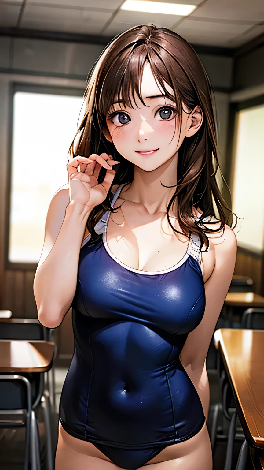 (masterpiece:1.2, highest quality), (Realistic, photoRealistic:1.4), Beautiful illustrations, (Natural Side Lighting, Cinema Lighting),
View Viewer, whole body,(Front view), 2 girls, Japanese, , Perfect Face, Cute and symmetrical face, Shiny skin, Baby Face,
(Long Hair:1.2, Light brown hair), blue eyes, (Big Breasts:0.8),
Beautiful Hair, Beautiful Face, Beautiful fine details, Beautiful clavicle, Beautiful body, Beautiful breasts, Beautiful thighs, Beautiful feet, Beautiful fingers,
(Blue school swimsuit),
(Beautiful views), indoor,Inside the school building,, (smile, Upward glance), shame,Shyness