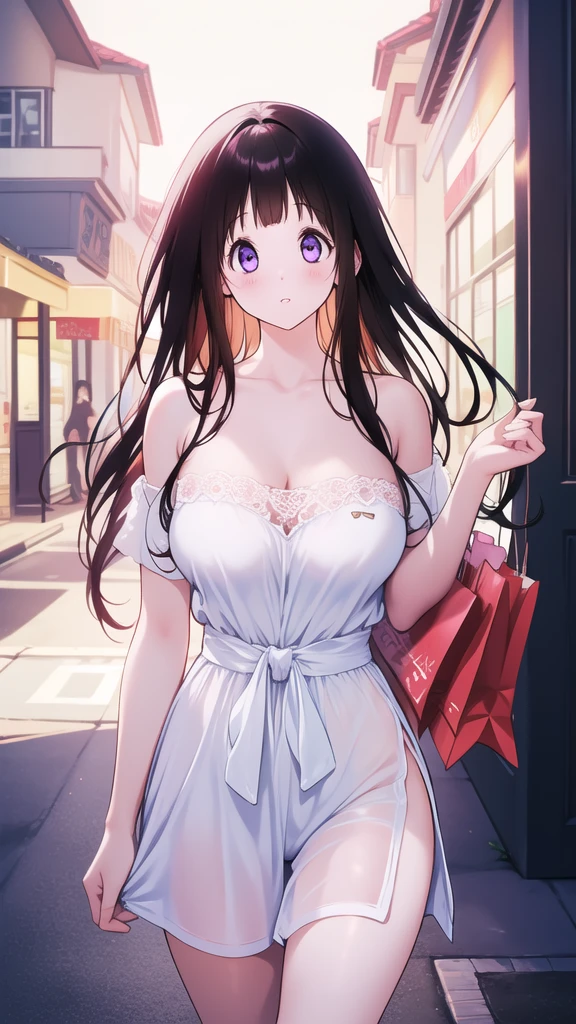 Amazing Chitanda, There is only one beautiful girl,Purple Eyes, Black Hair, Very red face,Very white skin,Glowing skin,Skin as delicate as porcelain,Naturally straight hair, Straight bangs,Extremely refined,Open lips,Long flowing hair,Beautiful Girl, Like a dream,Slim,Slim waist,Soft, (Sensual), (Kawaii), Dream quality,Beautiful big breasts,Half of the areola is exposed,Wearing dark school uniform,Deep V neckline,Loose neckline,Wide neckline,on the street,Carrying a shopping bag,no pants,Bare shoulders,Bare neck,Exposed collarbone,Exposing breasts,Exposing breasts侧面,Show your waist,Show your buttocks,Show your thighs,Exposing the groin,No pants,extremely shy,Ultra-high resolution, (masterpiece:1.2, best quality), (Delicate and beautiful eyes: 1.2), (Beautiful and delicate face)