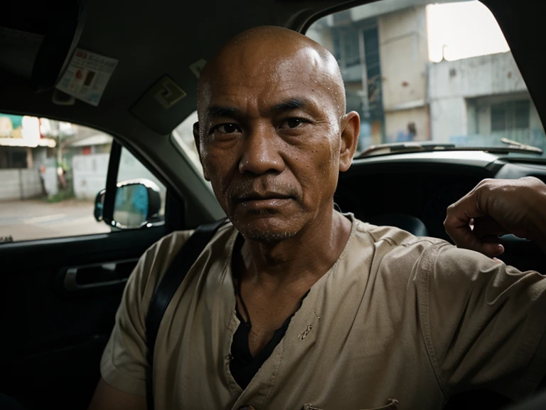 old filipino man taxi driver, age 57, dark skin, bald, dirty looking