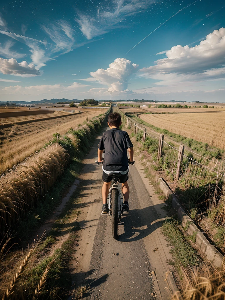 A road with a landscape like in Japan full of wheat fields a boy on a bicycle in the sky stars and a meteor 