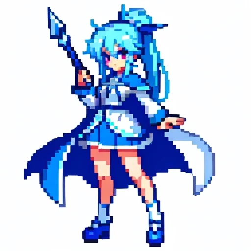 Pixel art, full body, facing left (important), bright blue and white, holding a large sickle in both hands, magical girl, long ponytail, ribbon, loose clothing, cloak. Hair color: Soft, pale blue hair. Eye color: pink eyes. Clothes: Clothes based on white and blue. She wears a blue cloak over a white shirt and blue miniskirt. Accessories: Blue flower decoration on the right side of the hair. Weapon: A sickle with blue and white decoration.