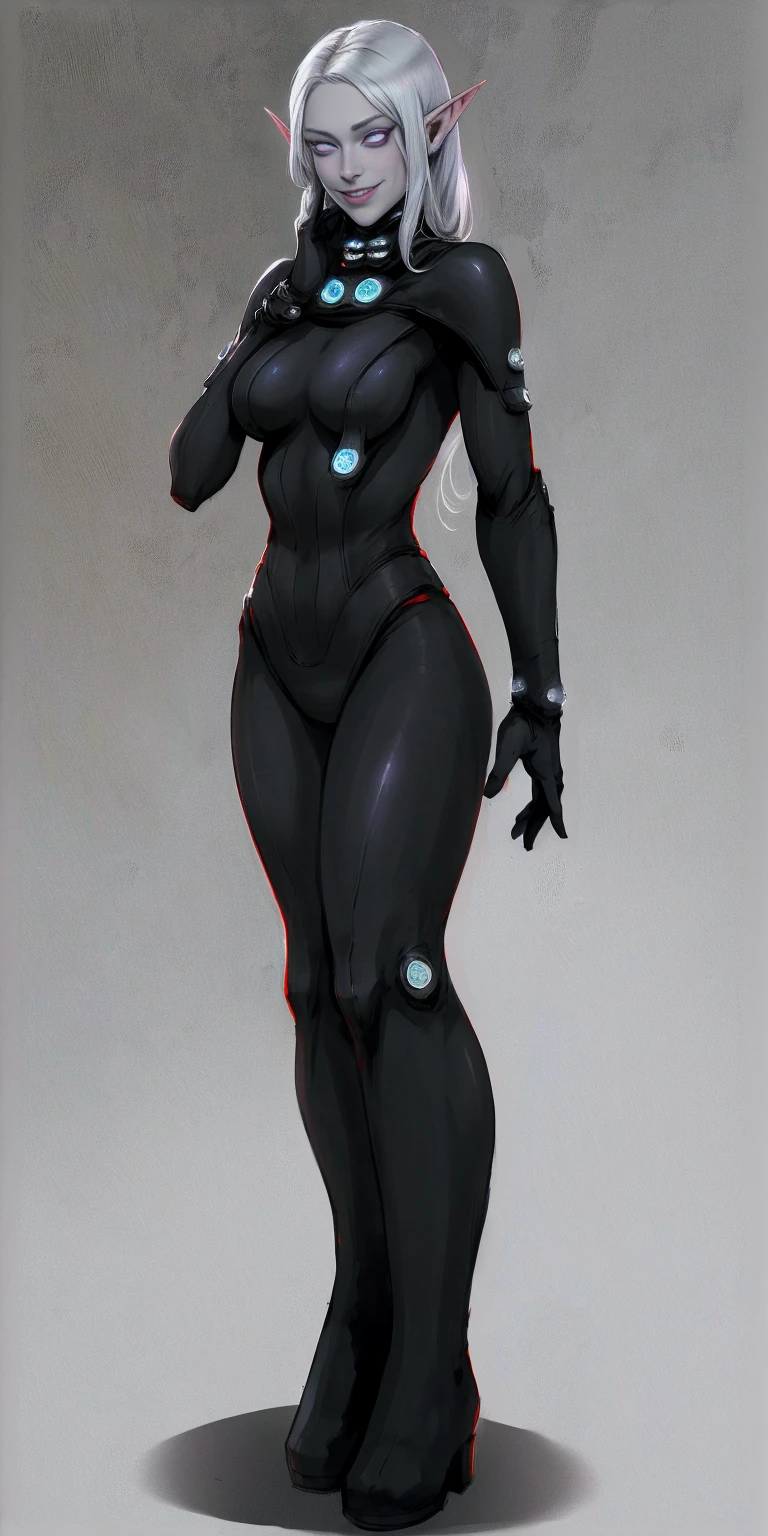 masterpiece, best quality, high quality, 1solo Female Drow Elf Gray skin smile, white silver hair and violet eyes, full body showing her back to me, black gantz suit, red gloves gauntlets, military high boots bootstraps, red cheeks