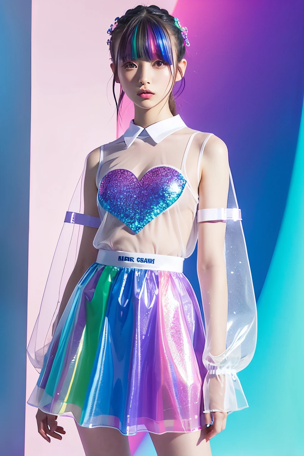 Transparent color PVC clothing、Transparent color vinyl clothing、prism、Holographic、chromatic aberration、Fashion Illustration、Masterpiece、Harajuku fashion girl、Viewer&#39;s Eyes、8k、Super detailed、Pixiv
