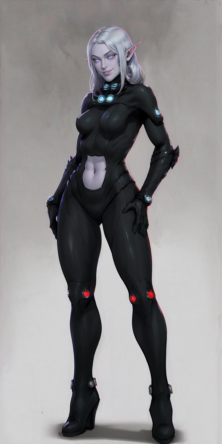 masterpiece, best quality, high quality, 1solo Female Drow Elf Gray skin smile, white silver hair and violet eyes, full body showing her back to me, black gantz suit, red gloves gauntlets, military high boots bootstraps, red cheeks, thick hips, hands on hips, metal handcuffs clenching fist, wearing black high heel shoes