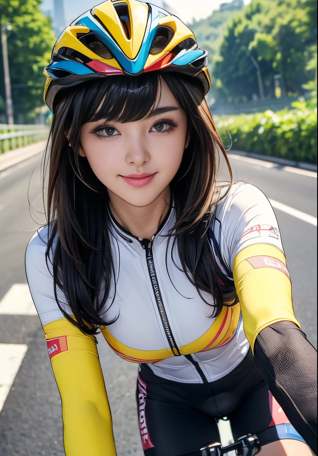 (8k、Ultra-high resolution、best quality、masterpiece、Practical、Ultra-high resolution:1.2)、High-resolution RAW color photos、Professional photos、 (whole body:0.6)、(Practical、photo Practical、Motion Blur:1.37)、(A bright smile、Lovely smile)(Large Breasts、かなりのLarge Breasts、Always cover all breasts、healthy:1.2)、((Always colorful、A dazzling road cycling race、A beautiful female cyclist,Dynamic riding in road racing.:1.3))(Vibrant colors、Guangshan District、Smooth pedaling action、Rat Race、High performance road bike:1.2)(Draw diagonally from below、Natural skin texture、Delicate skin、Surrealism、Intricate details、Written border depth、Adult women、Large Breasts、Long hair、(masterpiece、best quality、High Detail))、Smile happily、Beautiful brunette、big eyes、Transparent double eyelids、eyelash、Please let me see your ears、Perfect face、Beautiful bangs、Beautiful bangs、Small face、helmet(Look at the audience、eyes highlights、Lip Gloss、Black Short Bob)