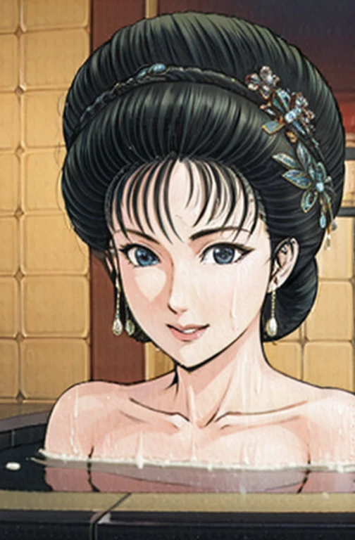 (best quality), (very aesthetic), (ultra-detailed), (best illustration),a mature female,NSFW,Perfect Face,Suikoden,Mrs. Lin,(full_body),big nipple,red cheek,Large drops of sweat are pouring from the whole body,skinny,chinese traditional bath room,Taking a bath,She is soaking in the bathtub with a relaxed expression.,Looking down