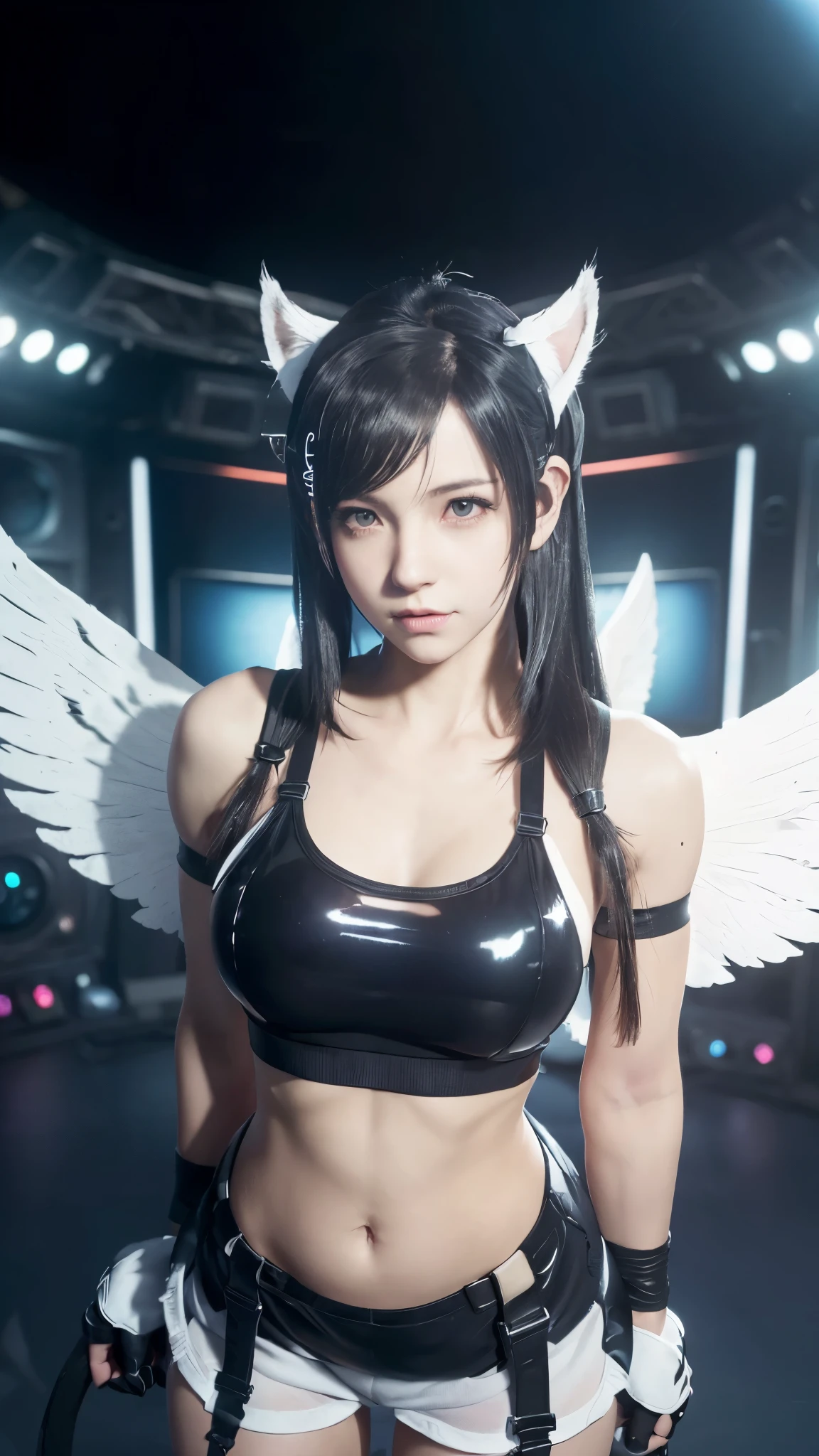 Masterpiece, 4K, bokeh, TifaLockhart, (Cat ears:1.3),
((Masterpiece, Best Quality, Best Quality)) , ((broadcast studio background)), ((big white angel wings )), looking at the camera, (Tifa Lockhart style:1.5)