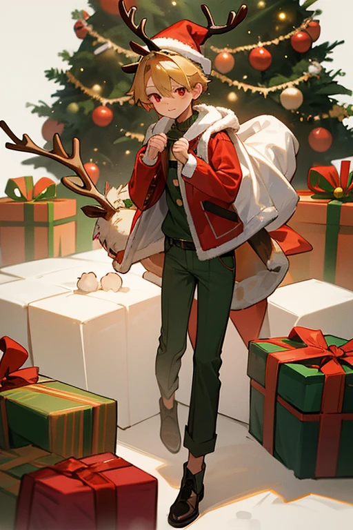 12 year old boy, blond hair, red eyes, full body, Christmas reindeer hat, reindeer jacket, green jeans, santa boy, present, Christmas tree, hot chocolate with marshmallows,
