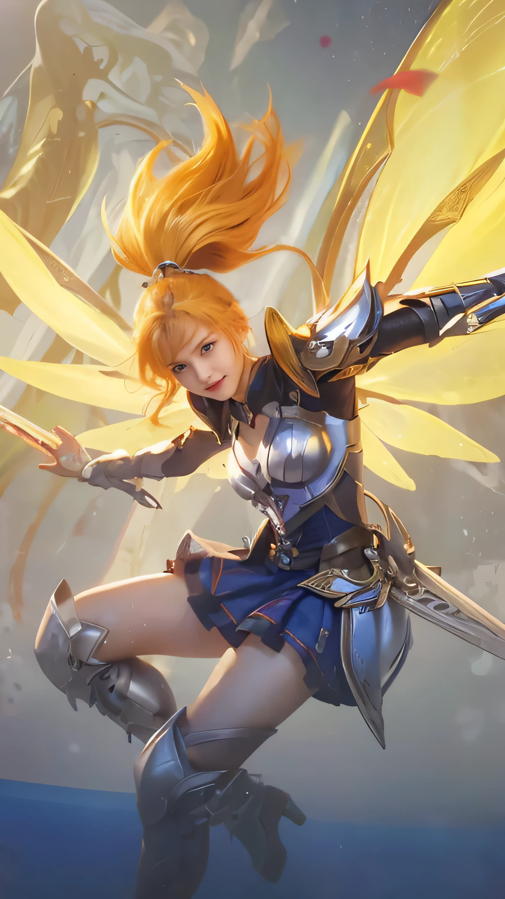(8k, best quality, masterpiece:1.2), (realistic, photo-realistic:1.37), ultra-detailed, detail fingers, realistic fingers, realistic hand, A detailed portrait of 1 girl 21 year old, e girl, cool outfits, eyes looking at the camera, holding sword, pale skin, perfect body, blue eyes, blond hair. The scene is illuminated with professional lighting, photon mapping, and radiosity, with Tetsuya Nomura Style. Blur bokeh effect, realistic light, smile.