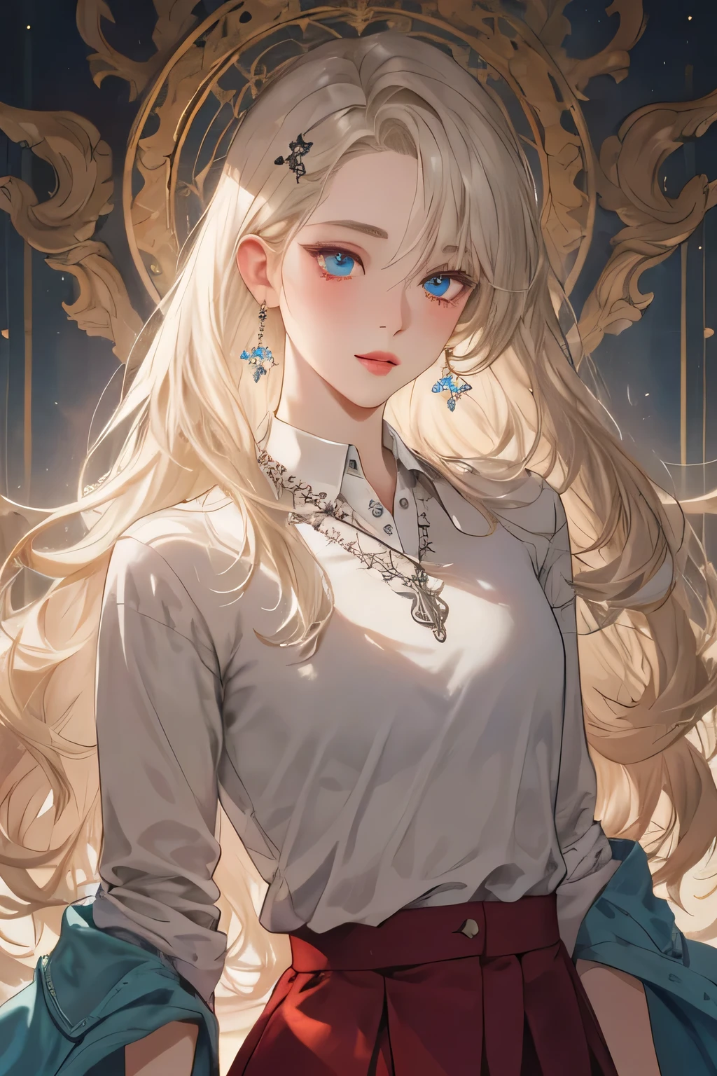 (extreamly delicate and beautiful:1.2), 8K,(masterpiece:1.0),(best_quality:1.0), 1 girl,model and intricate detailing, Enlarged textures, and intricate detailing, finely eye and detailed face, and intricate detailing, shiraga, platinum blonde curls long hair, (closed mouths), Perfect eyes, Equal eyes, carolina eyes (A famale god) with maroon polo shirt and red maroon short skirt, carolina eyes perfect, perfect, earing, hairpin, perfect body, sexy body, carolina blue perfect eyes, lips nude, necklace, little blush on nude, stand 