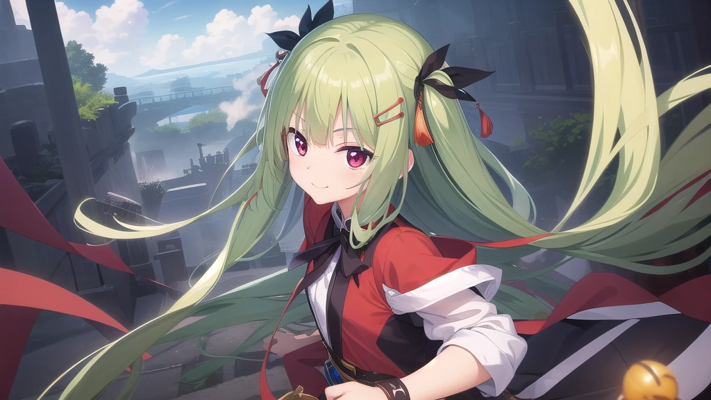 ((masterpiece)),(best quality),Official Art,Extremely detailed CG,Unity 8k Wallpaper,Super detailed,Beautiful and delicate eyes,Extremely detailed face,1 girl,solitary,,(whole body:1.5),looking at the audience,,(small:1.3),Smile,eternal,Murasame,Very long hair,Green Hair,sides up,Purple bow,hairpin,Side Chain,Bangs,Red Eyes,Neck strap,Red belt,Ink wonderland,Clouds and mist,Sword Dance,Chinese ink style,Danqing