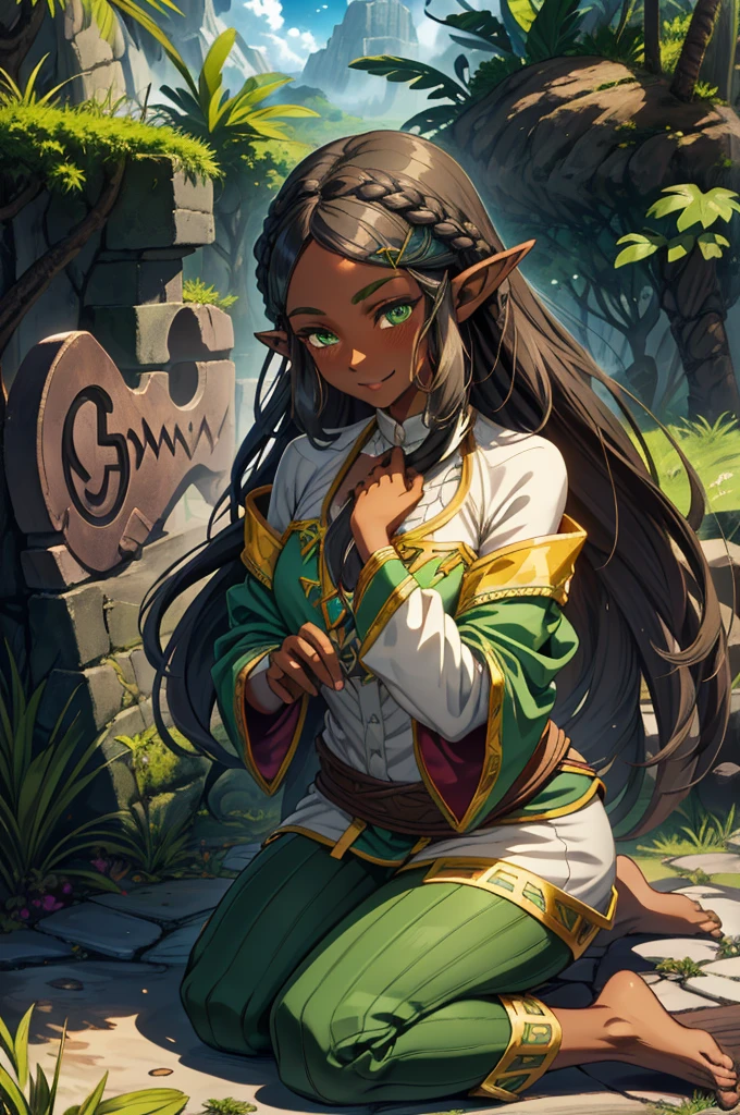 aazelda, long hair, pointy ears, dark skin, Green eyes, Black hair, Seiza, barefoot, (extremely detailed CG unity 4k wallpaper),(masterpiece),(best quality),(ultra-detailed),(best illustration),(best shadow),(absurdres),(detailed background), Tropical island, tribal girl, shy smile, blushing,