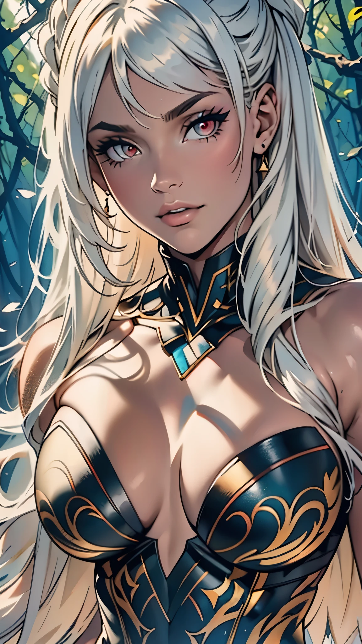 A stunning girl with long white hair, fair skin, and red eyes, in a forest with cinematic film lighting, dark and low-lit. She is wearing a white dress with golden hues, her eyes focused, looking at the viewer. Her skin is fair, her face delicate and flawless, full body, a masterpiece, a work of art of the highest quality. The image is an incredibly detailed 8K CG wallpaper, with artistic cinematic lighting and film-like tones with a neutral filter.