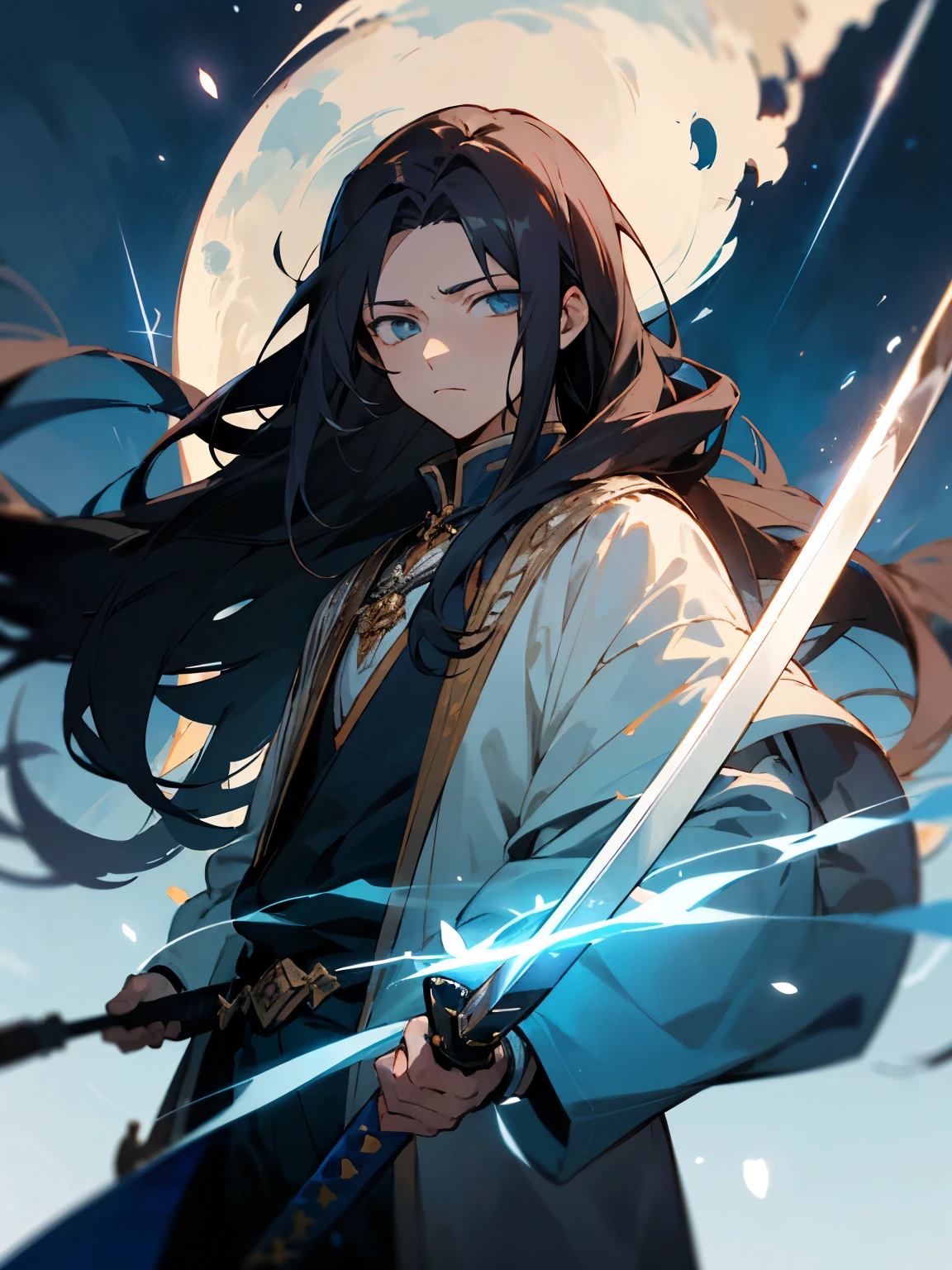 A male anime character that looks kind with long dark hair but eyes that are cold and expressionless. Wearing fantasy swords and magic world clothing with majestic aura 