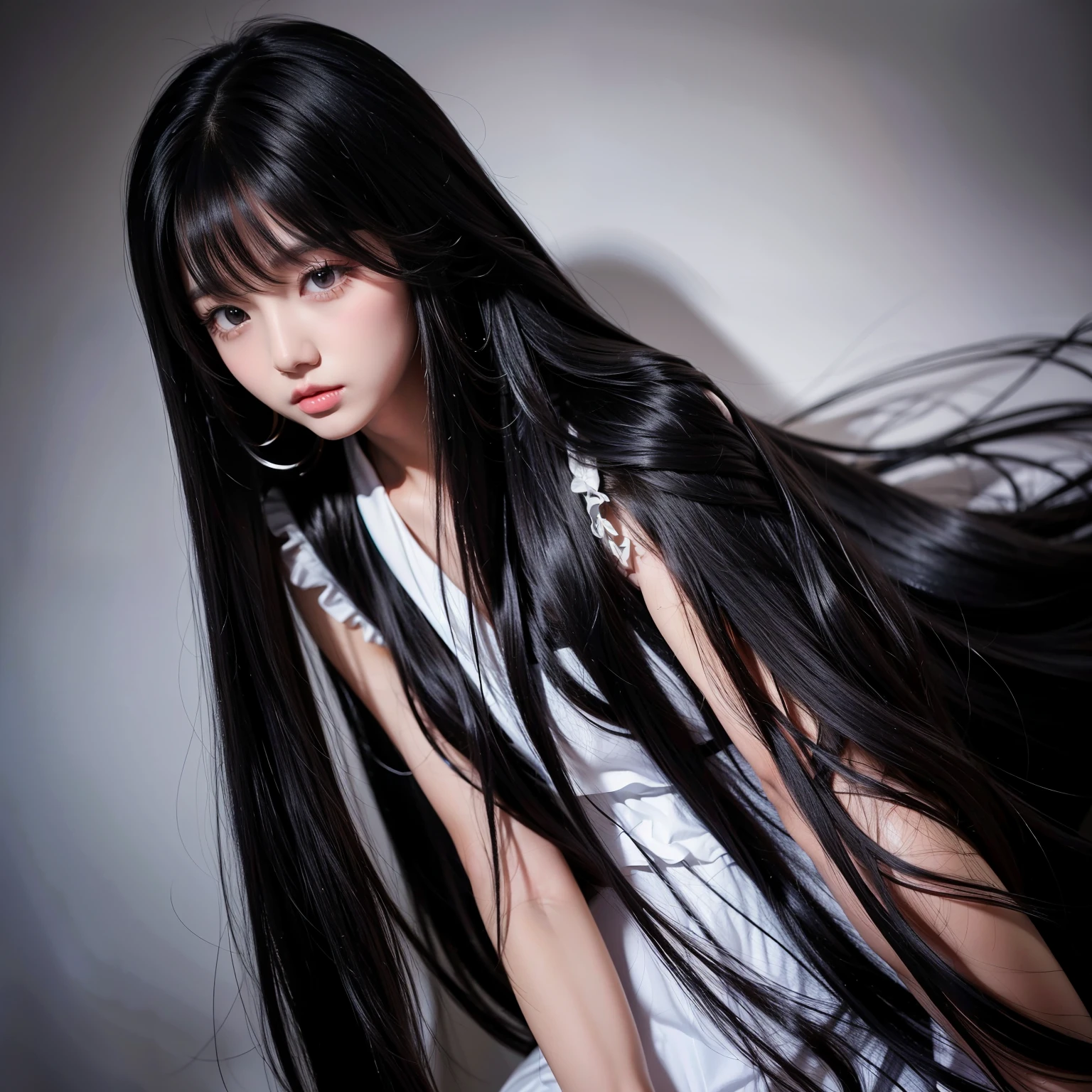 Super long hair、Best image quality、highest quality、Highest Resolution、Ultra-realistic photos、Full body photo、1 girl、Very beautiful face、超Super long hair、Hair length（approximately）.５Meters、Straight black hair、Black hair longer than height、Black hair&#39;It hasn&#39;t been cut in over 20 years.、Slender body、naked、World Long Hair Contest Winner、Terribly thick black hair、私のとても長いBlack hair体に巻き付いています.、Location: Bedroom、3Meters離れたところから撮影、Shiny and beautiful black hair、Terribly long black hair、Her black hair shines so beautifully、