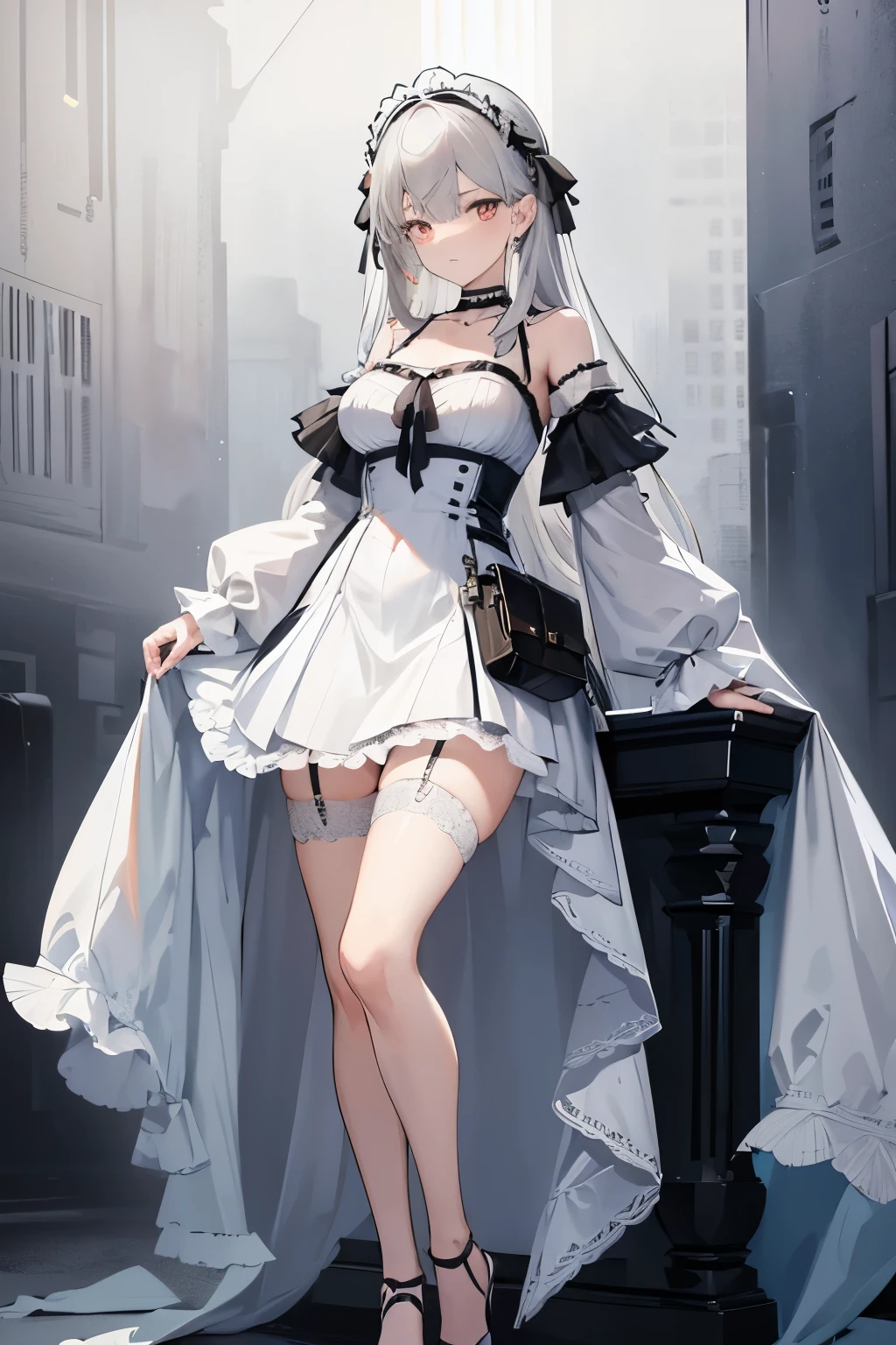 A white-based inner miniskirt with long lace-like fabric, grey hair, a gun hidden in the garter belt, an open chest, a girl with a choker, a full-body drawing