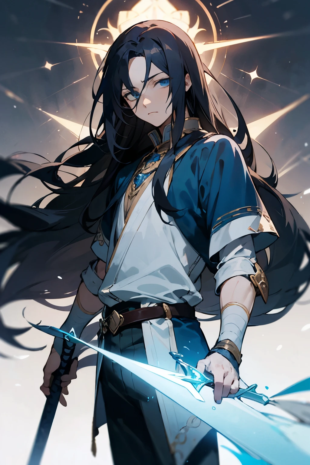A male anime character that looks kind with long dark hair but eyes that are cold and expressionless. Wearing fantasy swords and magic world clothing with majestic aura