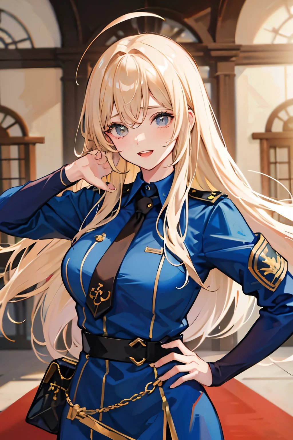 a 25 year old woman, Anime Theme, rubia ex militar, ruda pero a la vez amable, lider de un grupo sobreviviente