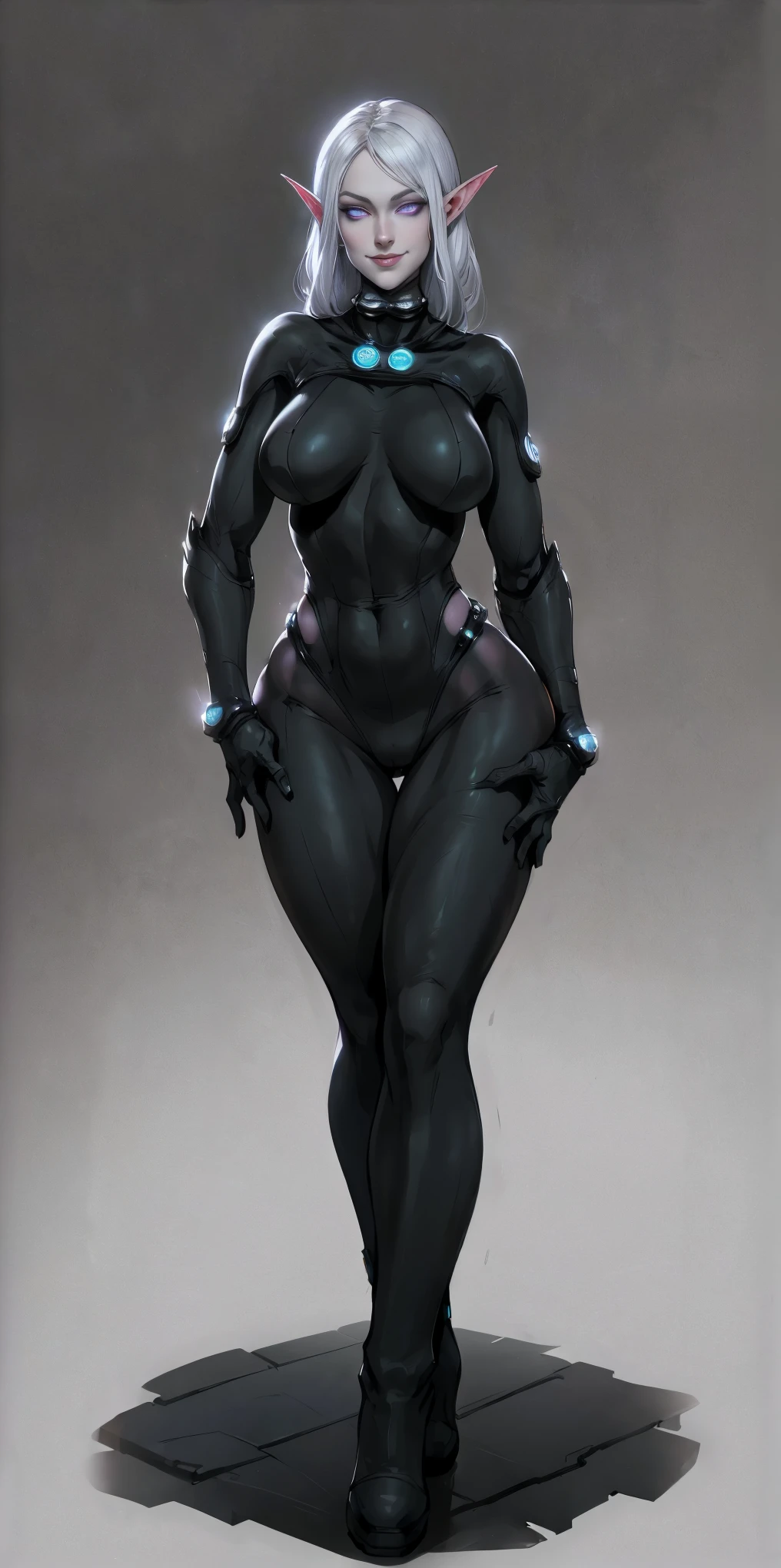 masterpiece, best quality, high quality, 1solo Female Drow Elf Gray skin smile, white silver hair and violet eyes, full body showing her back to me, black gantz suit, red gloves gauntlets, military high boots bootstraps, red cheeks, thick hips, hands on hips, metal handcuffs clenching fist, wearing black high heel shoes (((with her back to me showing her big shapely ass to me))) grabbing own ass