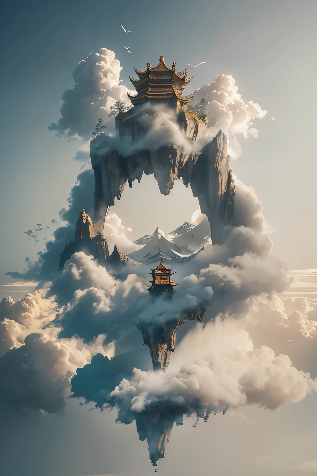 secpalace,fog, cloud, east asian architecture, sky, mountain, greyscale, castle, a surreal picture of a castle in the clouds with a bridge in the middle of it and a tower in the middle of the clouds