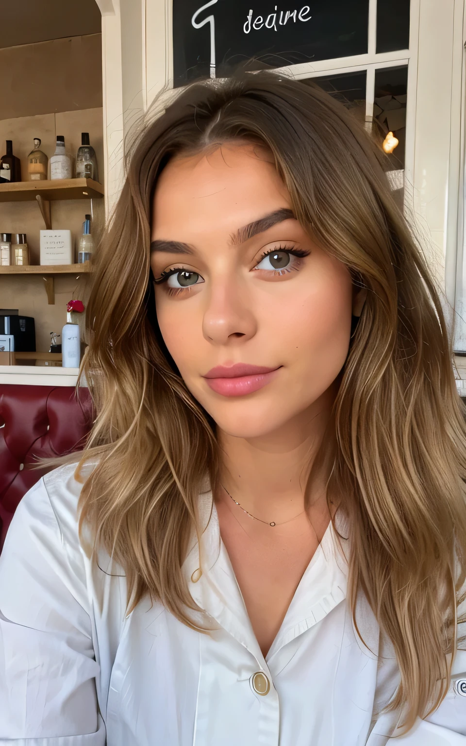 Belle brune aux reflets blonds portant un pull beige (in a cafe drinking soda), very detailed, 22 ans, visage innocent, natural wavy hair, yeux bleus, wavy hair, high resolution, chef-d'artwork, Best quality, Intricate details, very detailed, mise au point nette, detailed skin, texture de peau réaliste, texture, detailed eyes, professionnel, 4k, sourire charmant, filmed on Canon, 85 millimeters, faible profondeur de champ, Couleur Kodak Vision, corps parfaitement ajusté, Extremely detailed, photographier_\(ultra\), photorealistic, Realistic, Post-traitement, Maximum details, roughness, vrai vie, ultra realistic, photorealism, photographie, 8k euh, photographie, three sexy cleavage