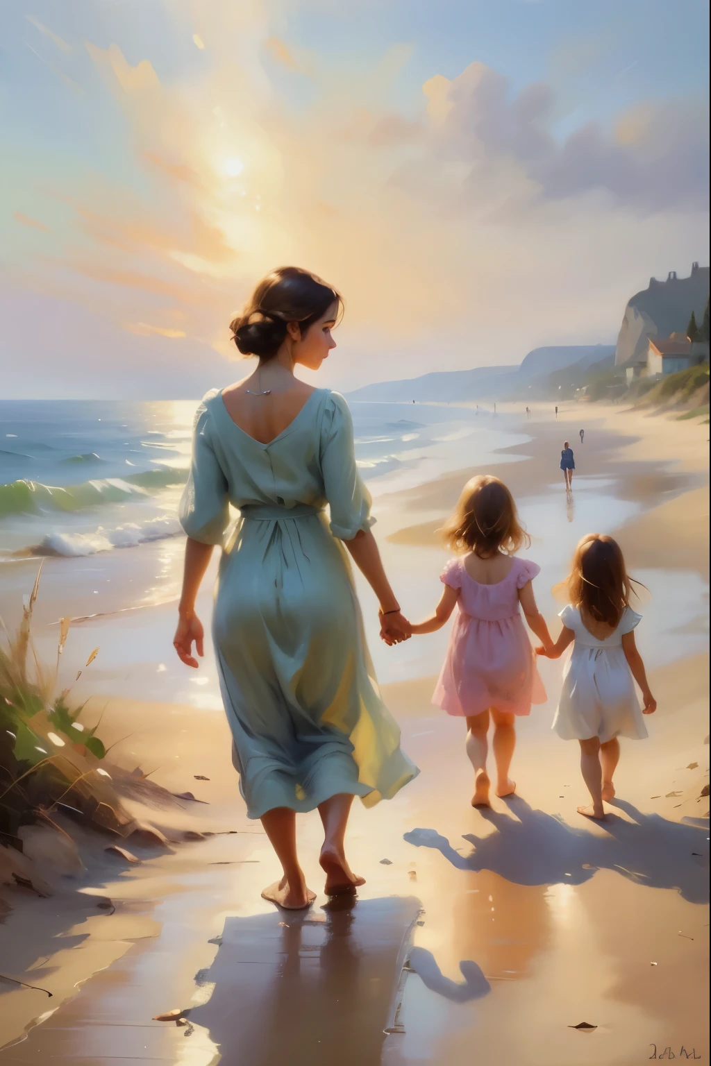 Young woman holding girls hand, small n the background turning away, farther still in the background is the Grandmother perhaps walking towards camera, other beach combers in the far distance can be seen, impressionism, oil on canvas, 24k resolution, abstract artistic flare