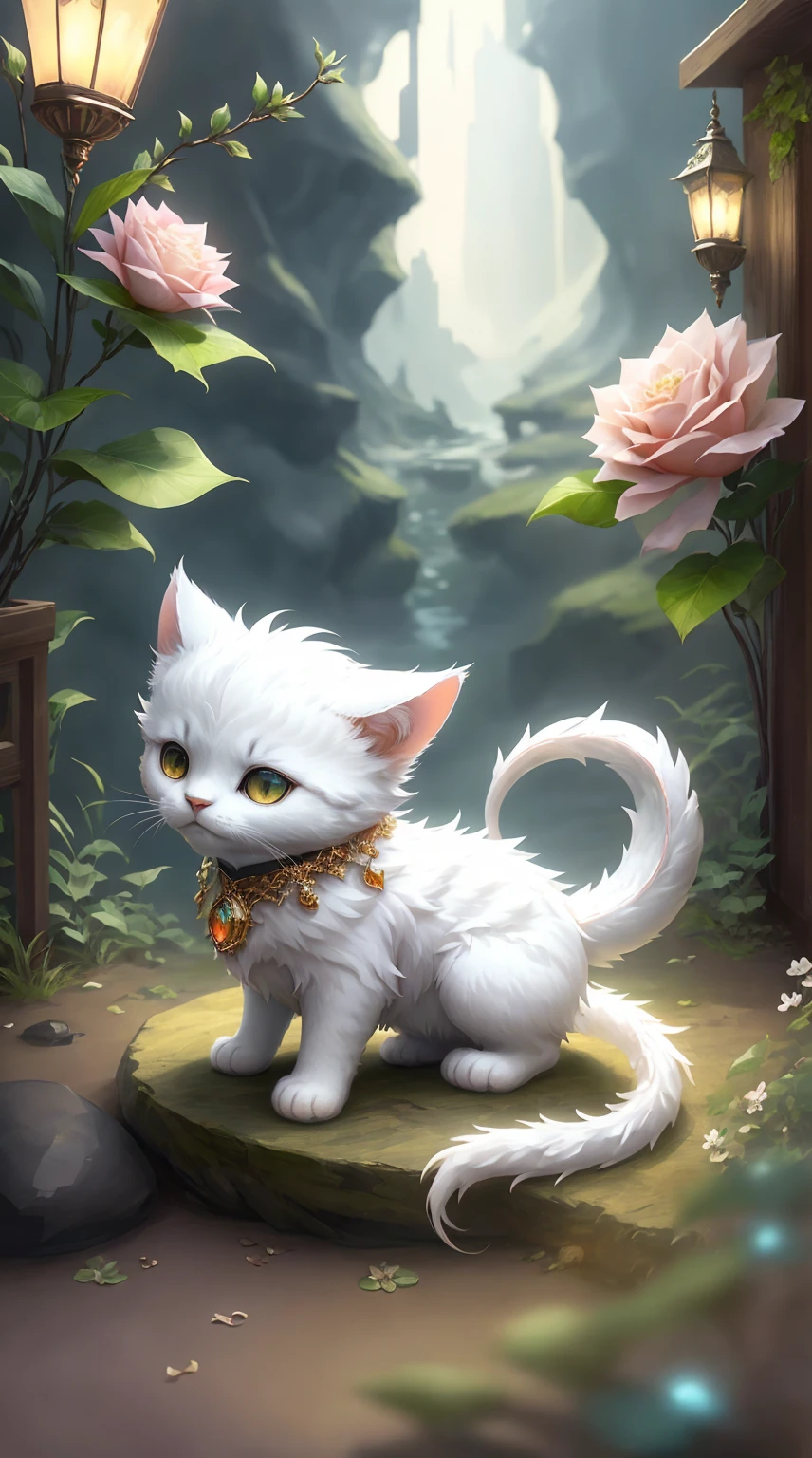 Faris Style, alone, hair ornaments, close your eyes, flower, wing, horn, Cat, white Cat, Dragon-Cat, hair flower, No humans, gem, Dragon, scale, eastern Dragon, Movie angle, Cinema Lighting, Shorthand, Depth of written boundary, Detailed Background, masterpiece, highest quality , Official Art ,