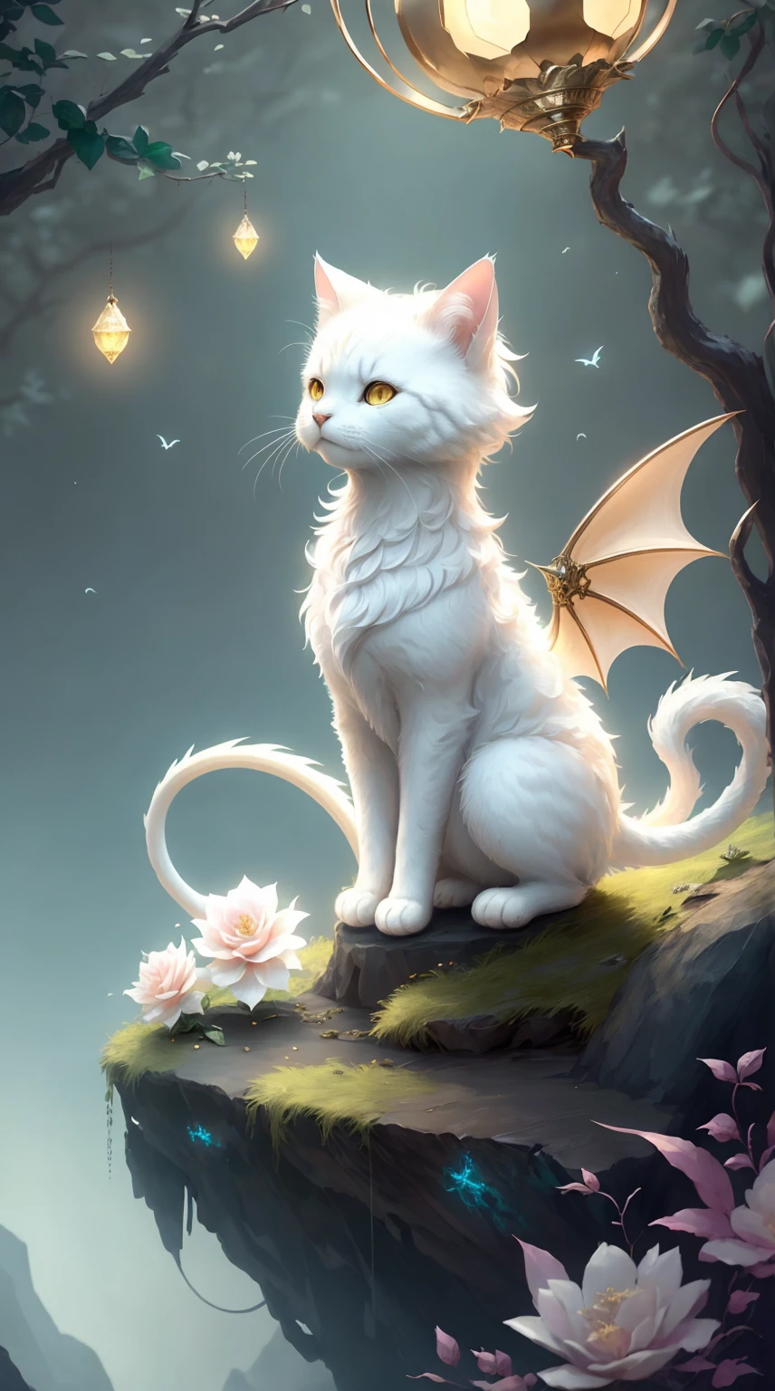 Faris Style, alone, hair ornaments, close your eyes, flower, wing, horn, Cat, white Cat, Dragon-Cat, hair flower, No humans, gem, Dragon, scale, eastern Dragon, Movie angle, Cinema Lighting, Shorthand, Depth of written boundary, Detailed Background, masterpiece, highest quality , Official Art ,