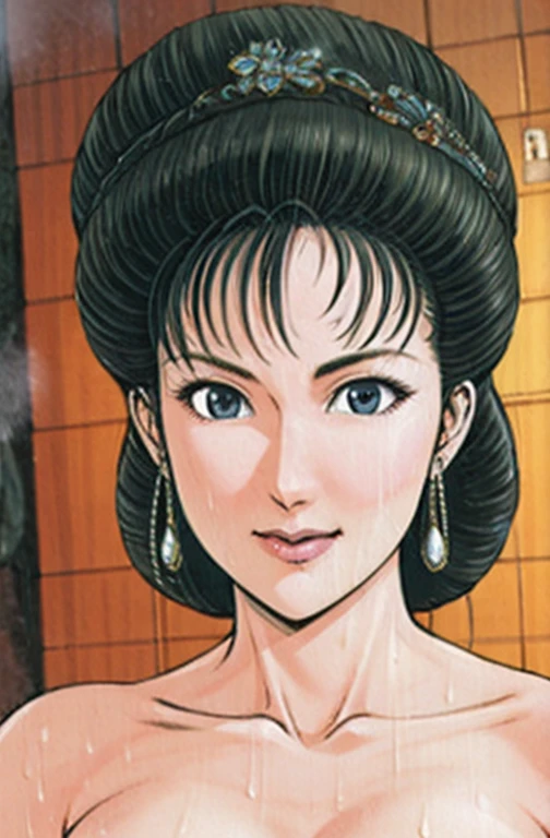 (best quality), (very aesthetic), (ultra-detailed), (best illustration),a mature female,NSFW,Perfect Face,Suikoden,Mrs. Lin,(full_body),(full_nude),red cheek,Large drops of sweat are pouring from the whole body,skinny,chinese traditional bath room,Getting up from the bathtub,Drops of water dripping from the skin