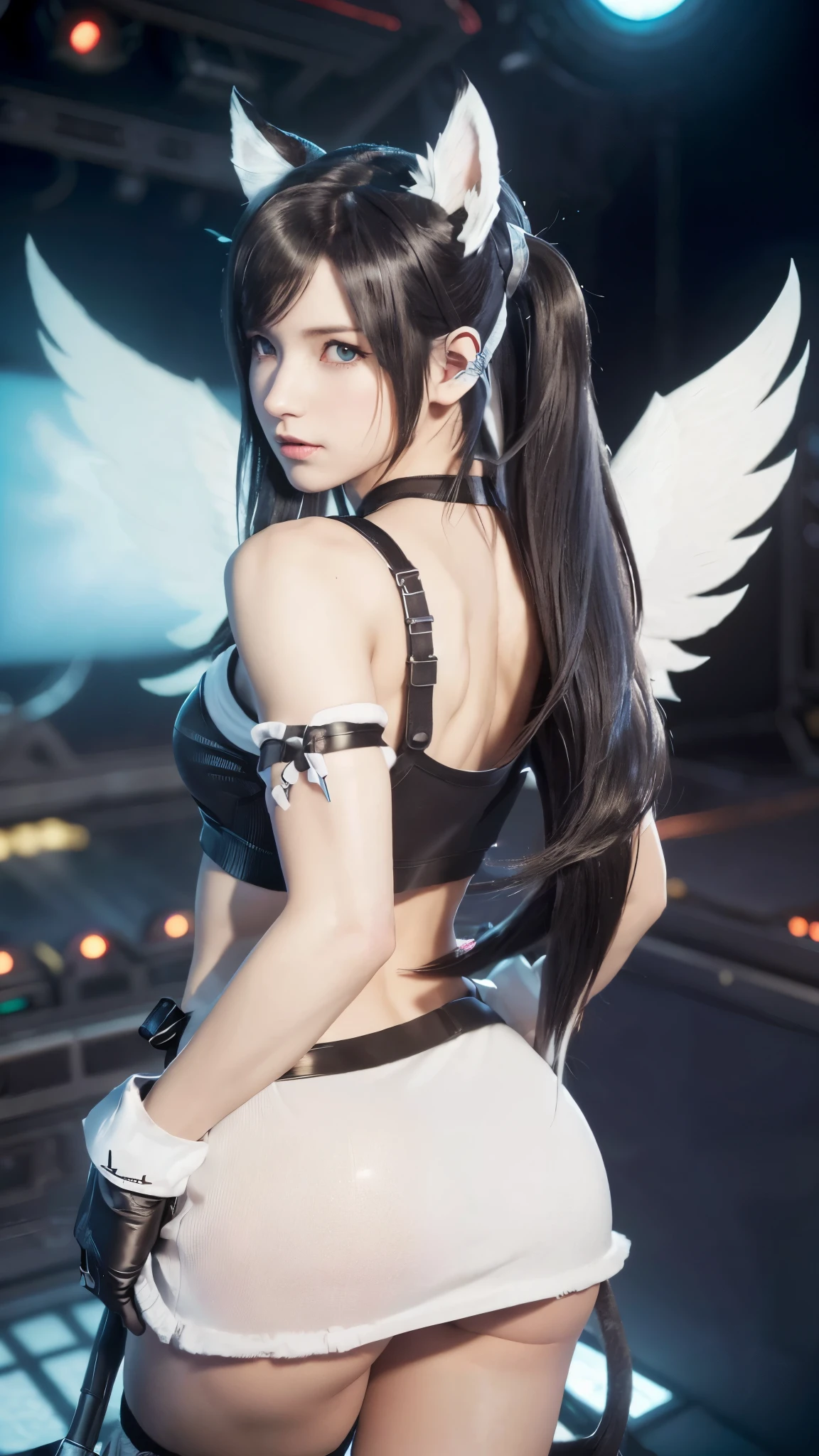 Masterpiece, 4K, bokeh, TifaLockhart, (Cat ears:1.3),
((Masterpiece, Best Quality, Best Quality)) , ((broadcast studio background)), ((big white angel wings )), looking at the camera, (Tifa Lockhart style:1.5)