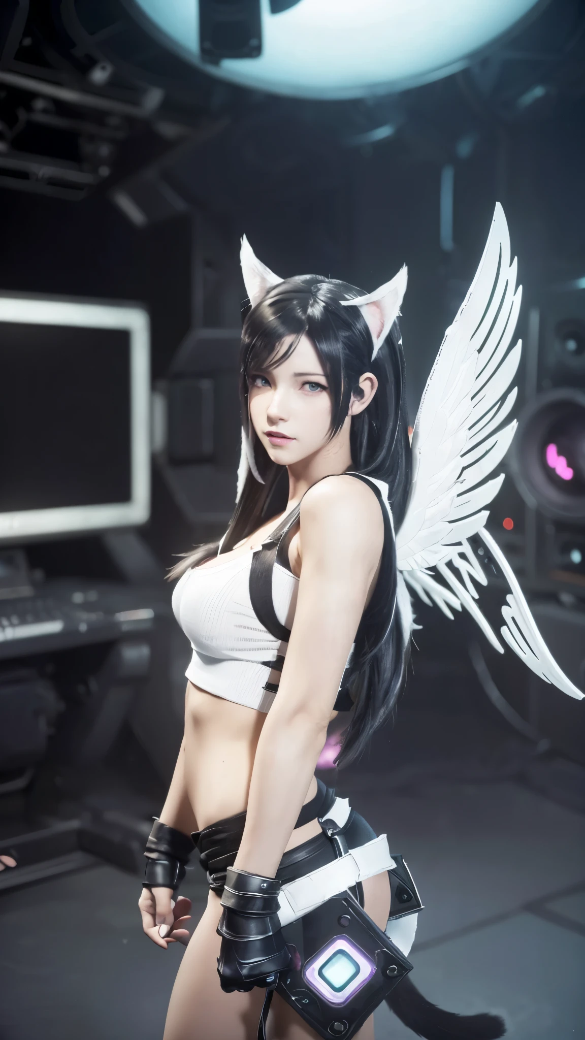 Masterpiece, 4K, bokeh, TifaLockhart, (Cat ears:1.3), 
 ((Masterpiece, Best Quality, Best Quality)) , ((broadcast studio background)), ((big white angel wings )), looking at the camera, (Tifa Lockhart style:1.5)