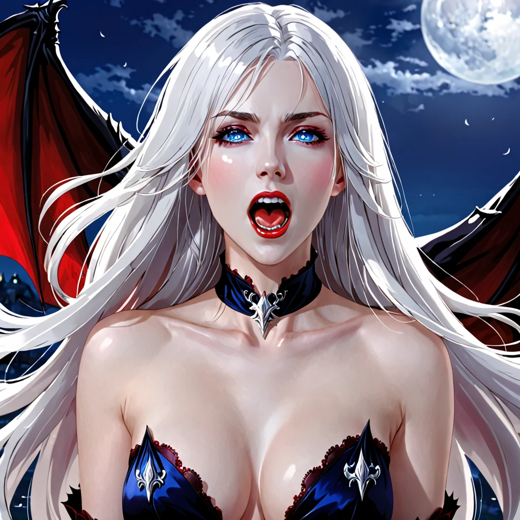 best quality, masterpiece,white hair, blue eyes, upper body, Gorgeous background,1girl, Flowing hair, flat naked chest, red drops seems in her open mouth, vampire
