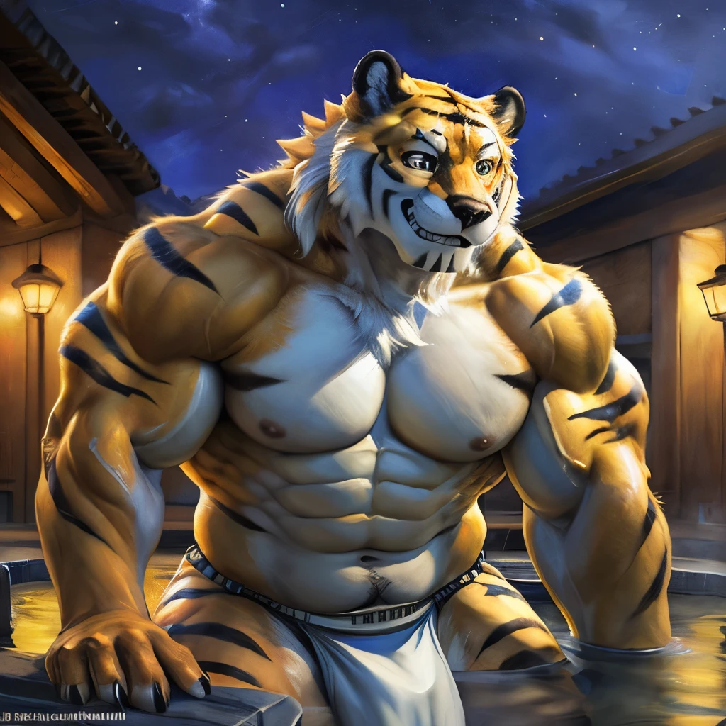 Ryekie \(live_a_hero\), tiger, yellow body, seductive smug face, bodybuilder, white hair, topless, muscular male, muscular, detailed muscles, detailed fur, bright fur, bright body, night, detailed face, high detailed, high resolution, underwear, high quality, detailed eyes, detailed background, thermal baths background, detailed muscular abs, huge muscular pecs, huge muscular biceps, thick muscular thighs, anthro, loincloth, male, full portrait, by bomb, by chunie, by bruteandbrawn, by personalami, by kenket, (intricate, high detail, film photography, soft focus, RAW candid cinema, photorealism, realistic, photorealistic, analog style, subsurface scattering, masterpiece, best quality, ultra realistic, 8k)