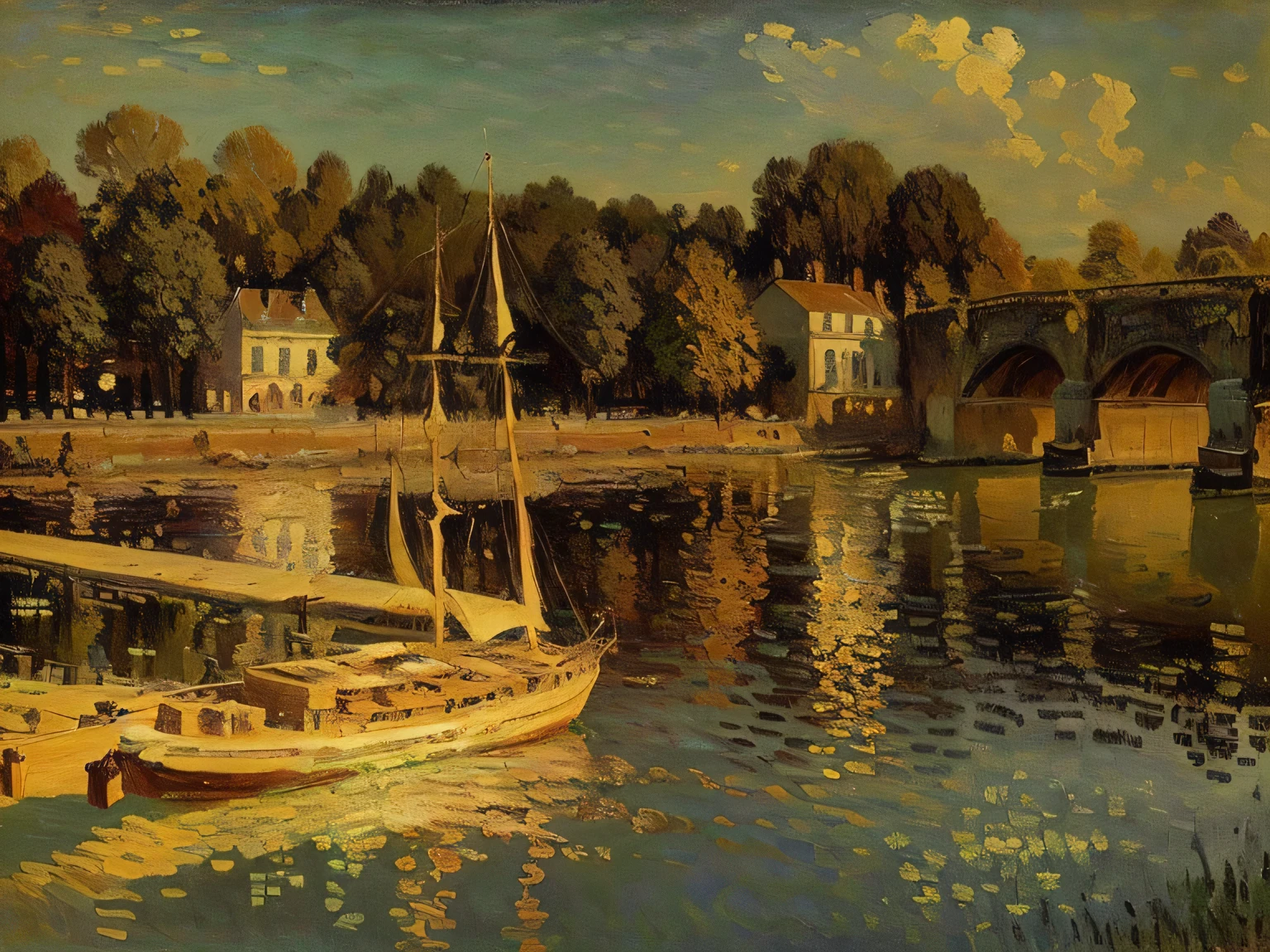 The painting depicts a boat on a river，A bridge in the background, by claude many, Claude Monet, claude many), author：Monet, many painted, style of many, author：Alfred Sisley, charles many, many painting, style of claude many, calude many style, at the waterside, inspired author：Alfred Sisley, many. stunning lighting, many style