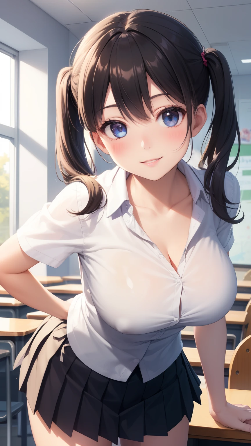 1girl, natural lighting, masterpiece, highly detailed, illustration, game CG, absurdres, high quality, aichan, large breasts, beautiful detailed eyes, detailed hair, glossy lips, blush, school, white shirt, black pleated miniskirt, collarbone, twintails, leaning forward, light smile