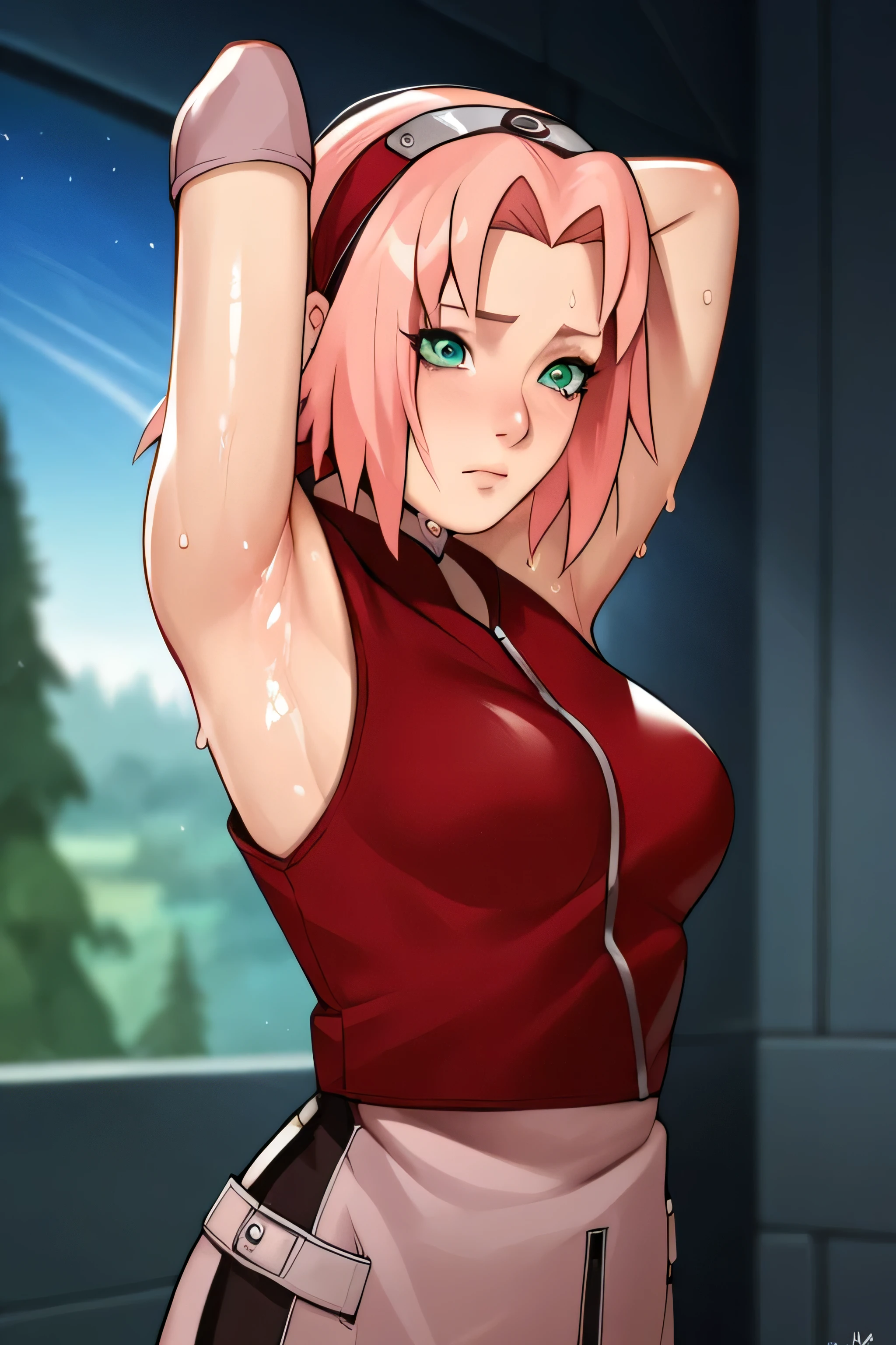 score_9,score_8_up,score_7_up,score_6_up,score_5_up,score_4_up BREAK skinny,choker,medium breasts,detached sleeves,outdoors,forest,shiny skin,bokeh,bloom,indoors,light particles,castle,space,1girl,haruno sakura,pink hair,short,hair,green eyes,forehead protector,armpits,arms up,armpit,sweaty armpit,arms behind head,awesome armpits,sweat,sweaty,exhausted,exhaustion