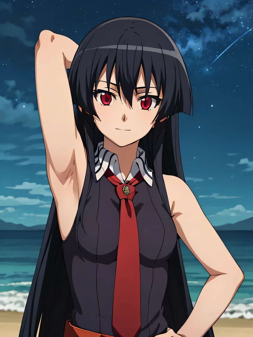solo, 1girl, looking at viewer, 2D, anime, anime coloring, upper body, akame, necktie, sleeveless, looking at viewer, closed mouth, small smile, solo, night sky, beach, arm behind head, hand on hip, contrapposto, spread armpits,