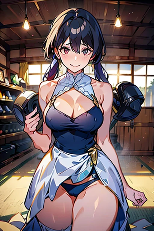 1girl in,Shiny skin,Sexy Pose,Best Quality,Ultra-high realistic image quality,realisitic,(with sparkling eyes and a contagious smile),her thin pubic hair,hideed by self, long hair, black hair, hair ornament, (brown eyes:1.1), braid, hairclip, masutepiece,extremely delicate and beautiful,8K Wallpaper,amazing,finely detail,Official art,unbelievable Ridiculous,huge filesize,Ultra-detailed,hight resolution,Extremely detailed,Beautiful detailed girl,Realistic,pretty girl, (highly detailed beautiful face and eyes,firm breasts),real skin,((black,hair,long pony tail hair)),thin pubic hair:1.4,cute and lovely pose, detailed eyes, This masterpiece is only visually stunning but also tells,(double breasted:0.6,under bust:0.6),(with sparkling eyes and a contagious smile),open mouth((medium breasts:0.9)),(((sports gym:1.2))),(erect nipples:1.1),cleavage, looking at viewer,