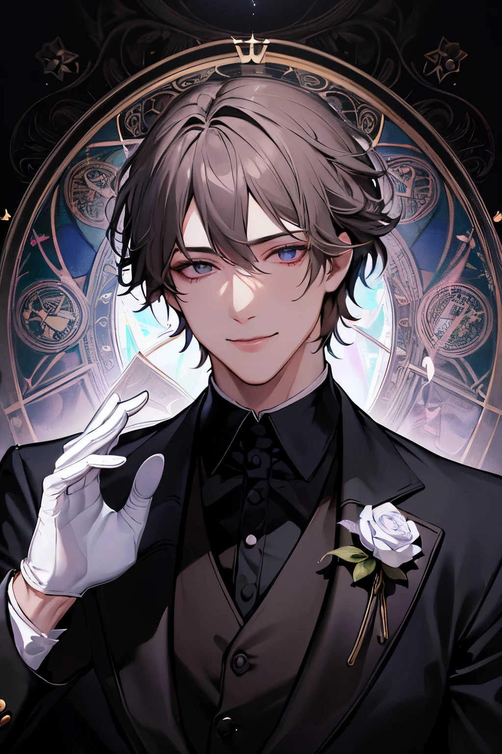 (Absurd, High resolution, Super detailed), 1 male, alone, Adult, good looking, Detailed eyes and face, bridegroom, Wearing a black tuxedo, White gloves, lover \Tarot\, Symbolism, Visual Arts, occult, universal, Vision Casting, philosophical, Iconography, Numerology, Popularity, artistic, Alphonse Mucha, short hair, smile, Happy、Portraiture
