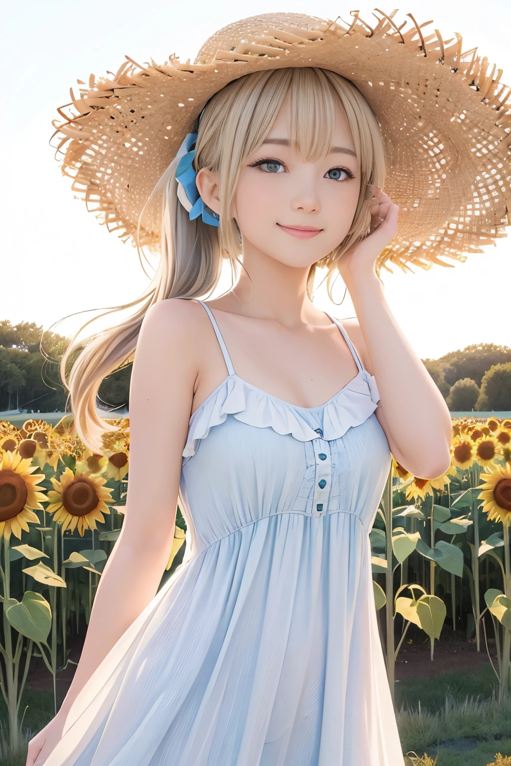 (8k, RAW Photos, Realistic, photo-Realistic:1.5), masterpiece, highest quality, High resolution, Very detailed, Detailed Background, Cinema Lighting, Dynamic Angle, Lens flare, dramatic, One girl, pretty girl, alone, Wind, Light blonde hair, blue eyes, Very long twin tails, White Hat, blue null, smile, Flying petals, flowery Field, null, sunflower, sun, Field, Fractal Art,Nude Ruffle Summer Dress