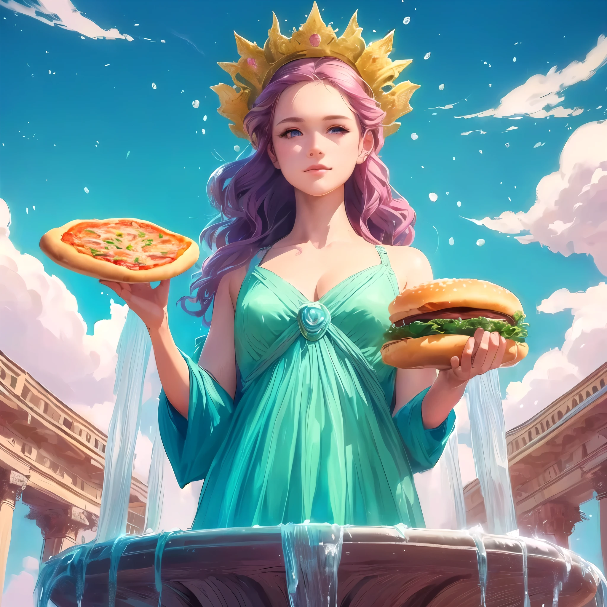 A woman with blonde hair in a kitten is looking at you while holding a delicious looking hamburger and a delicious looking pizza in the water of a lake, Fantasy art style, epic Fantasy art style, Fantasy Food, epic Fantasy art style hd, Fantasy style art, Beautiful fantasy art, epic Fantasy style art, Detailed fantasy art, Epic fantasy digital art style, Anime fantasy illustration, highly Detailed fantasy art